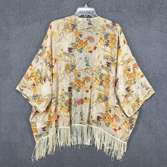 Bishop + Young Kimono Cardigan Womens Medium Large Beige Floral Fringe Sheer - Picture 2 of 16
